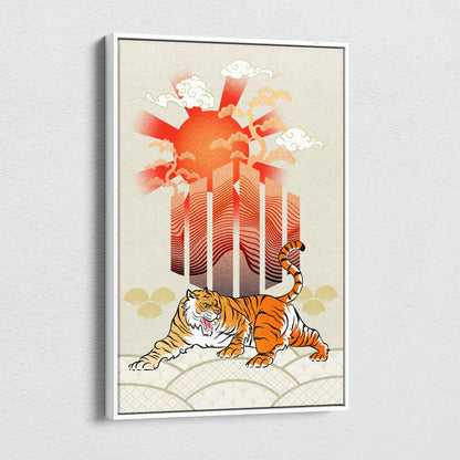 A framed orange and black Japanese tiger canvas wall art with red sun rays and zen wildlife decor for game room