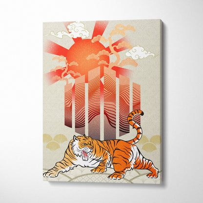 Orange and white tiger illustration on beige canvas with red sun and wave patterns japanese tattoo style wall art