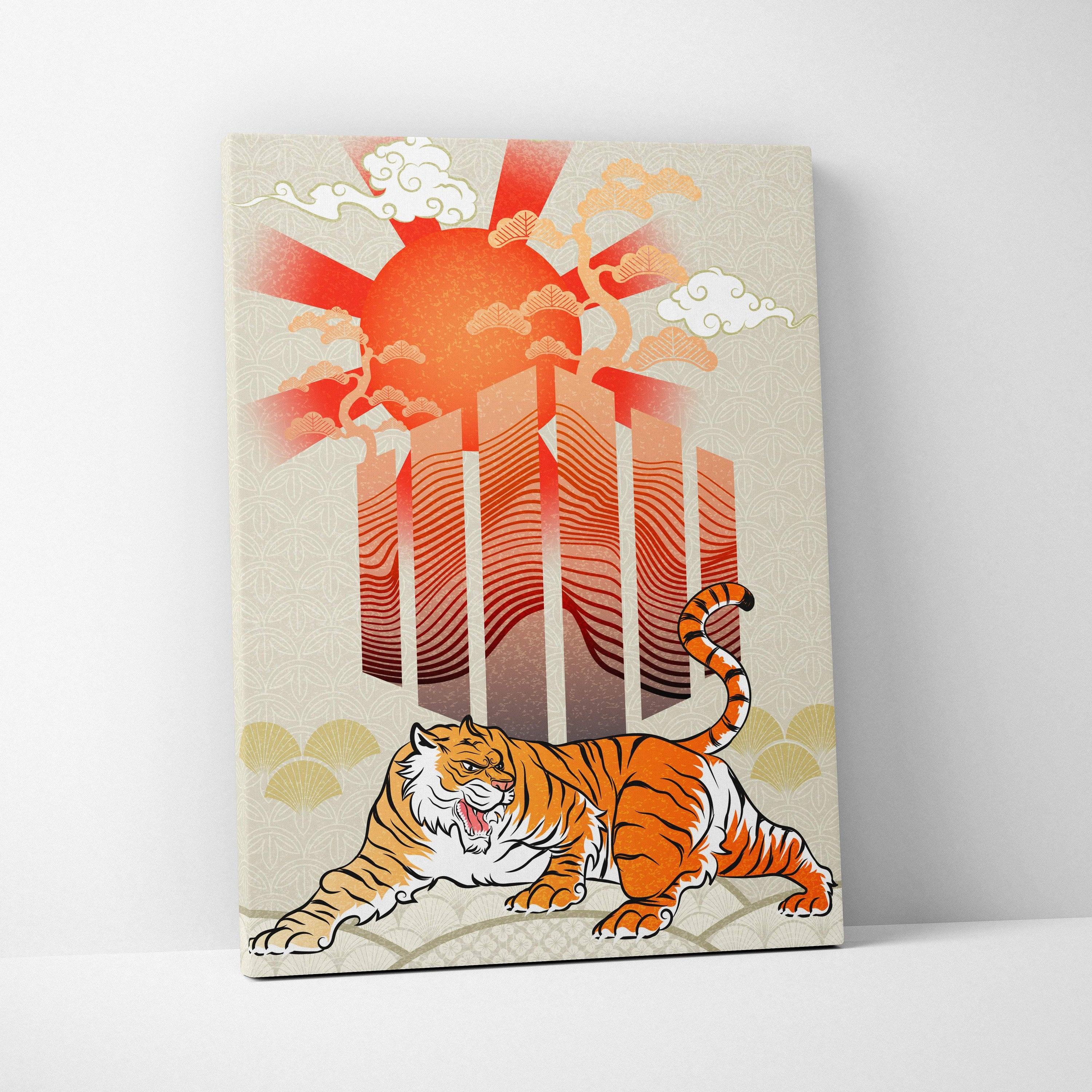 Orange and white tiger illustration on beige canvas with red sun and wave patterns in Japanese tattoo style wall art