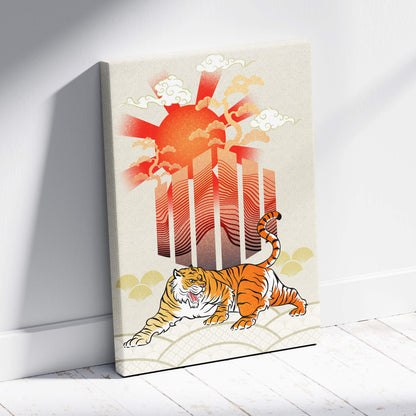 Beige canvas print of a vibrant orange Japanese tiger with black stripes under red and gold sunburst clouds