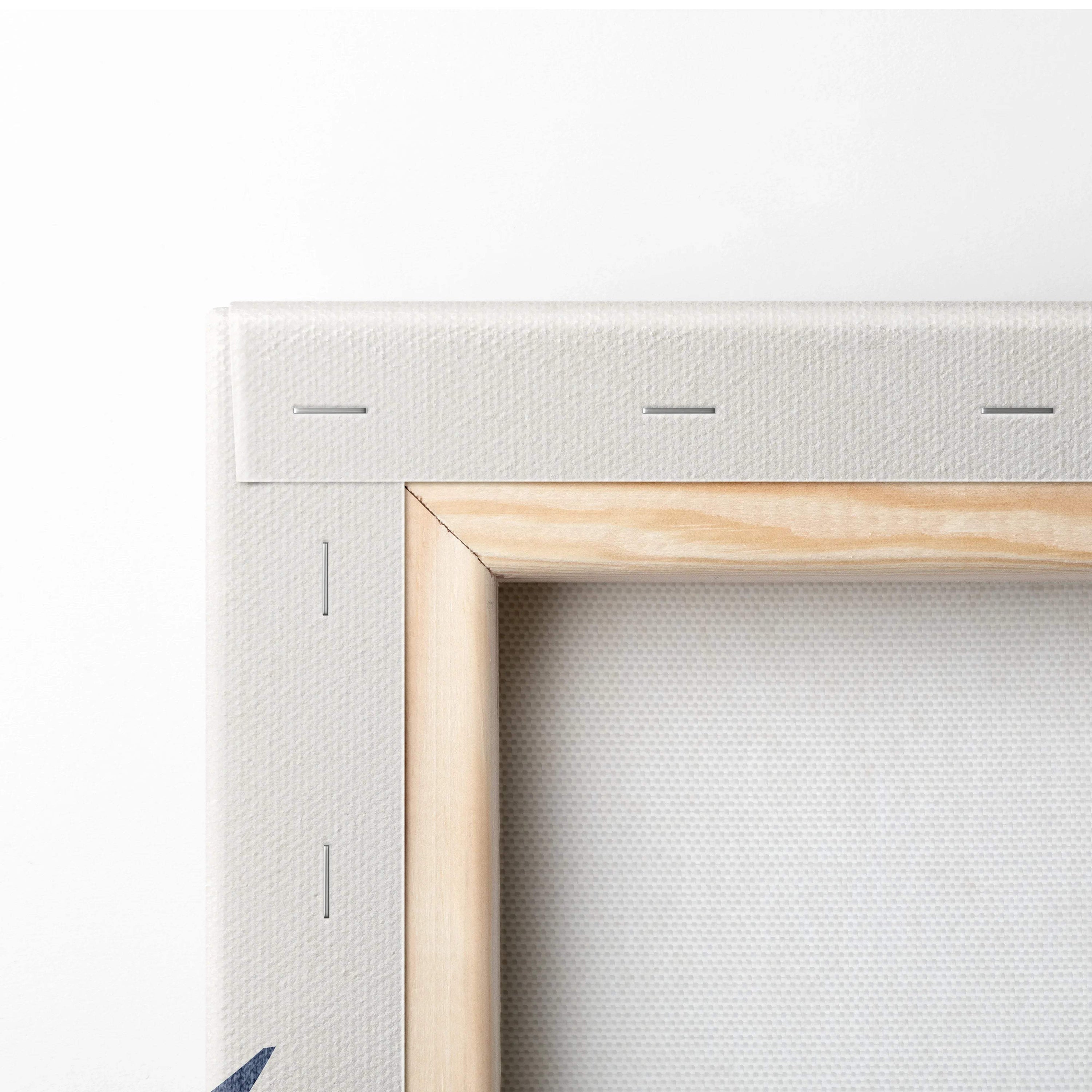 Back of minimalist abstract botanical canvas art with light wooden frame and off-white textured backing