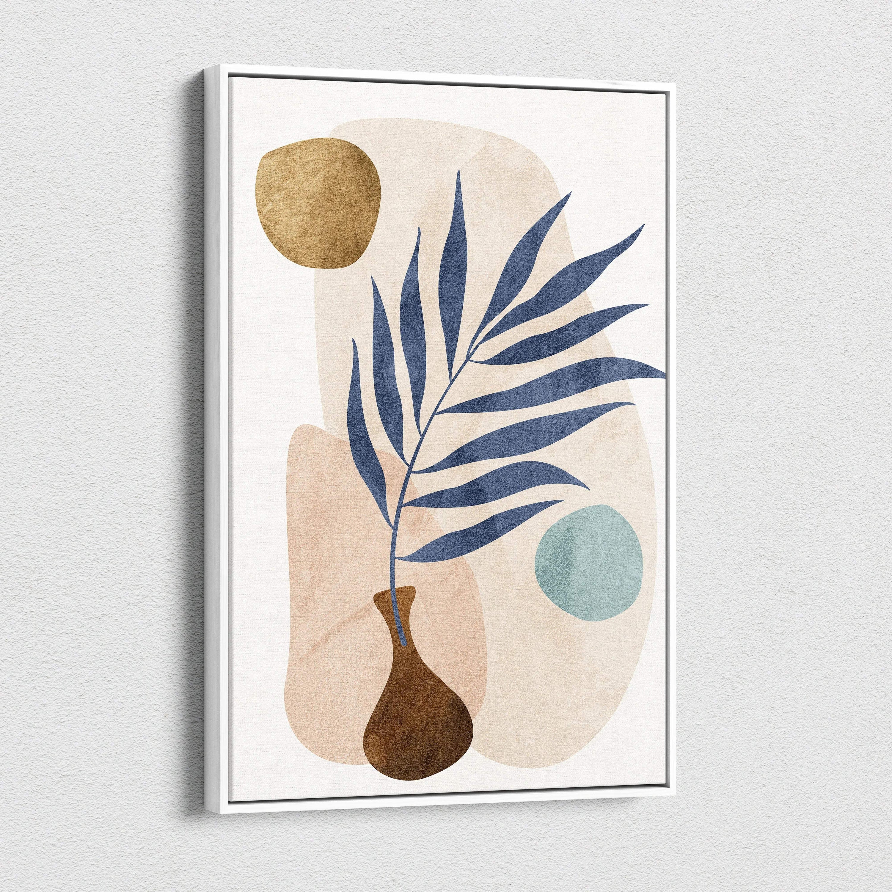 Minimalist abstract botanical wall art with navy palm frond in brown vase on beige canvas