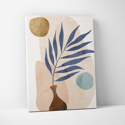 Minimalist abstract botanical canvas art with navy leaves in brown vase on beige