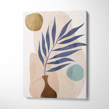 Minimalist abstract botanical canvas art with navy palm leaf in brown vase on beige gold background
