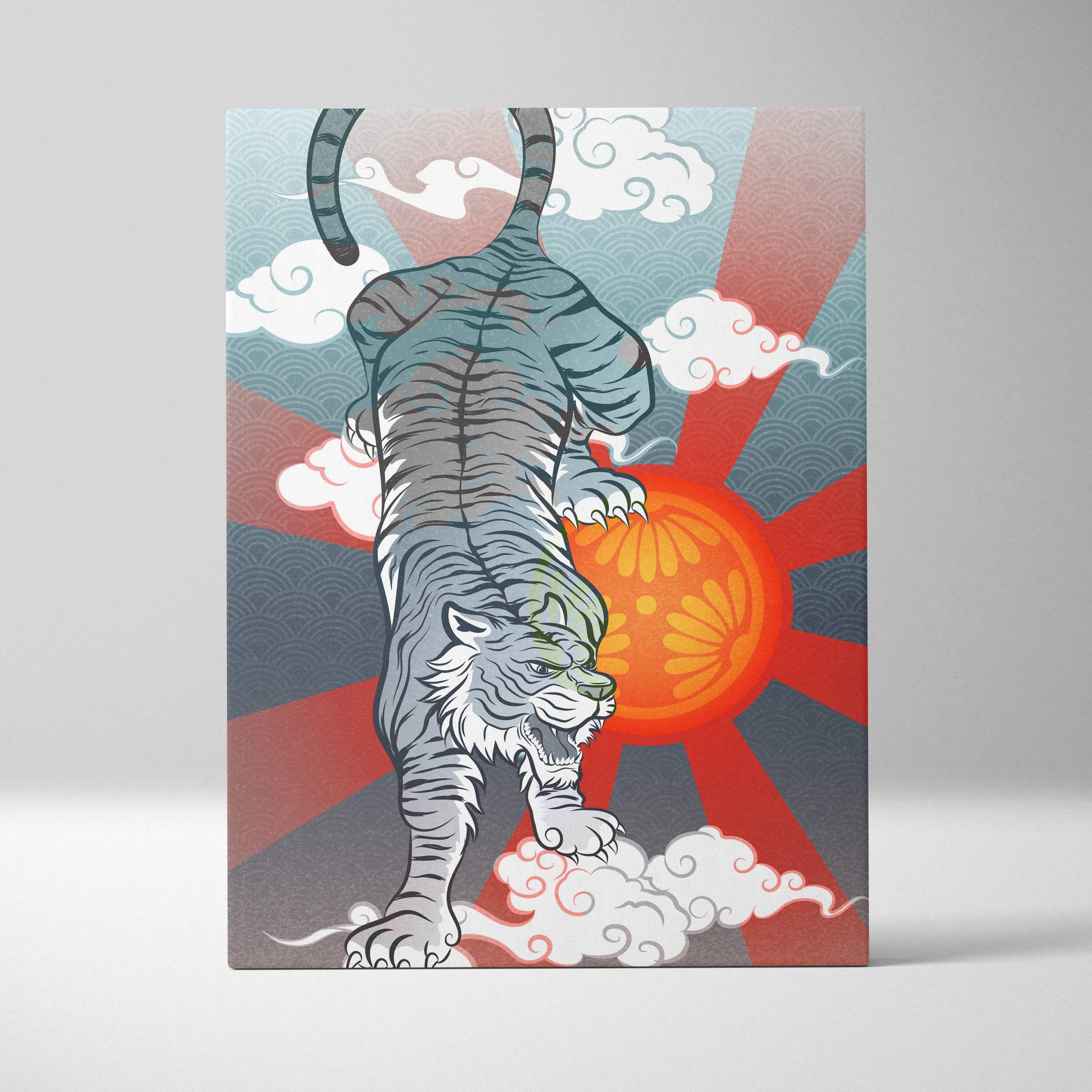 Stylized gray and white tiger with black stripes on clouds and orange sunburst in japanese canvas wall art for home decor