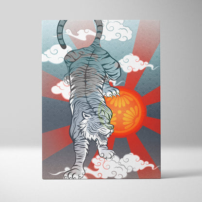 Stylized gray and white tiger with black stripes on clouds and orange sunburst in japanese canvas wall art for home decor