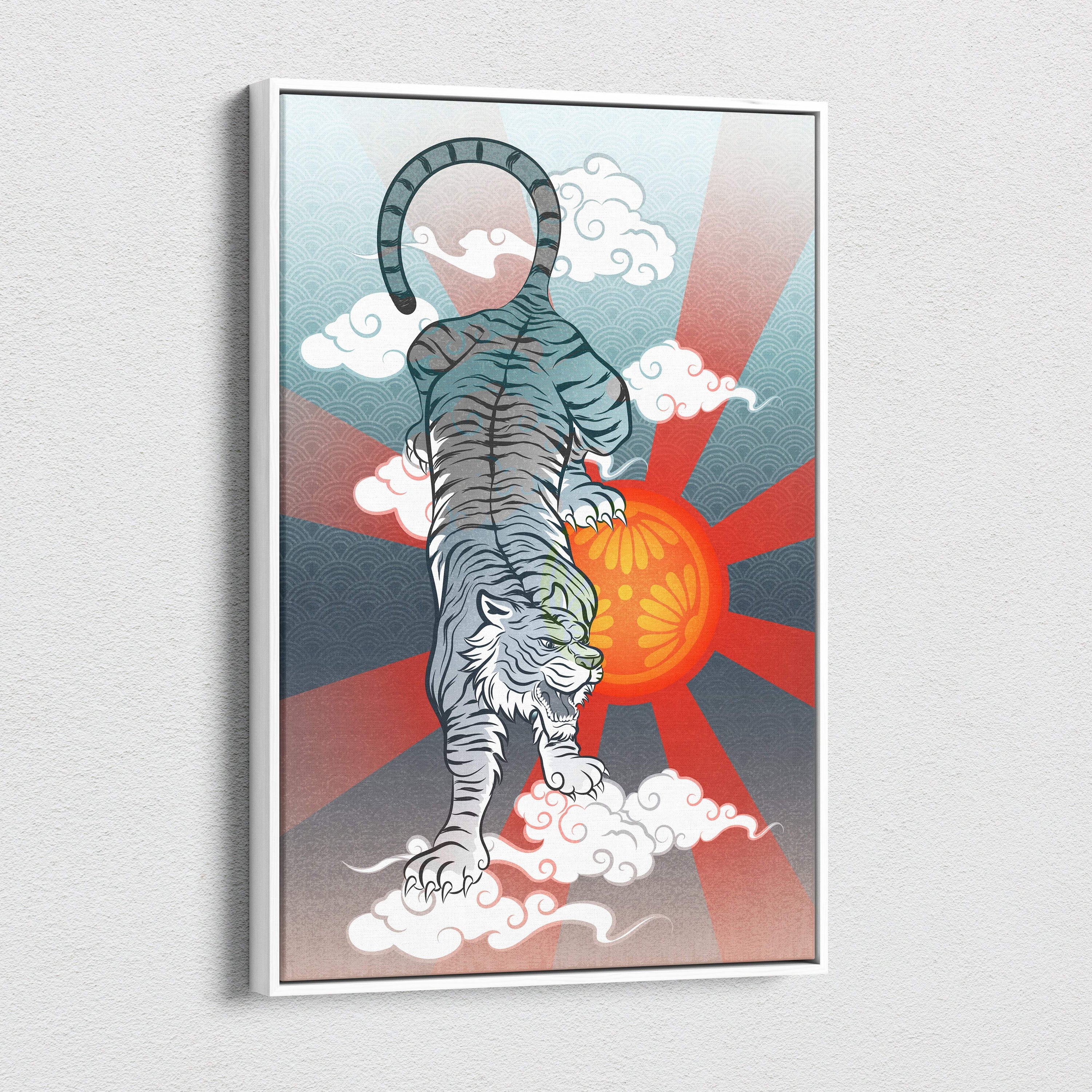 A framed gray Japanese tiger canvas wall art featuring a white tiger on clouds with a red sun and blue rays background