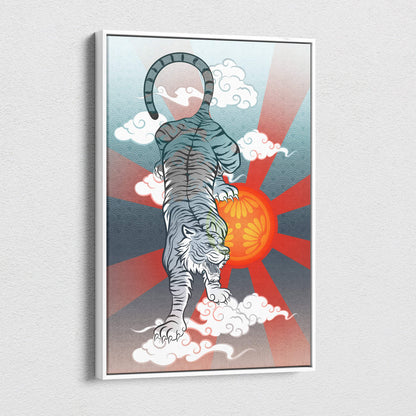 A framed gray Japanese tiger canvas wall art featuring a white tiger on clouds with a red sun and blue rays background
