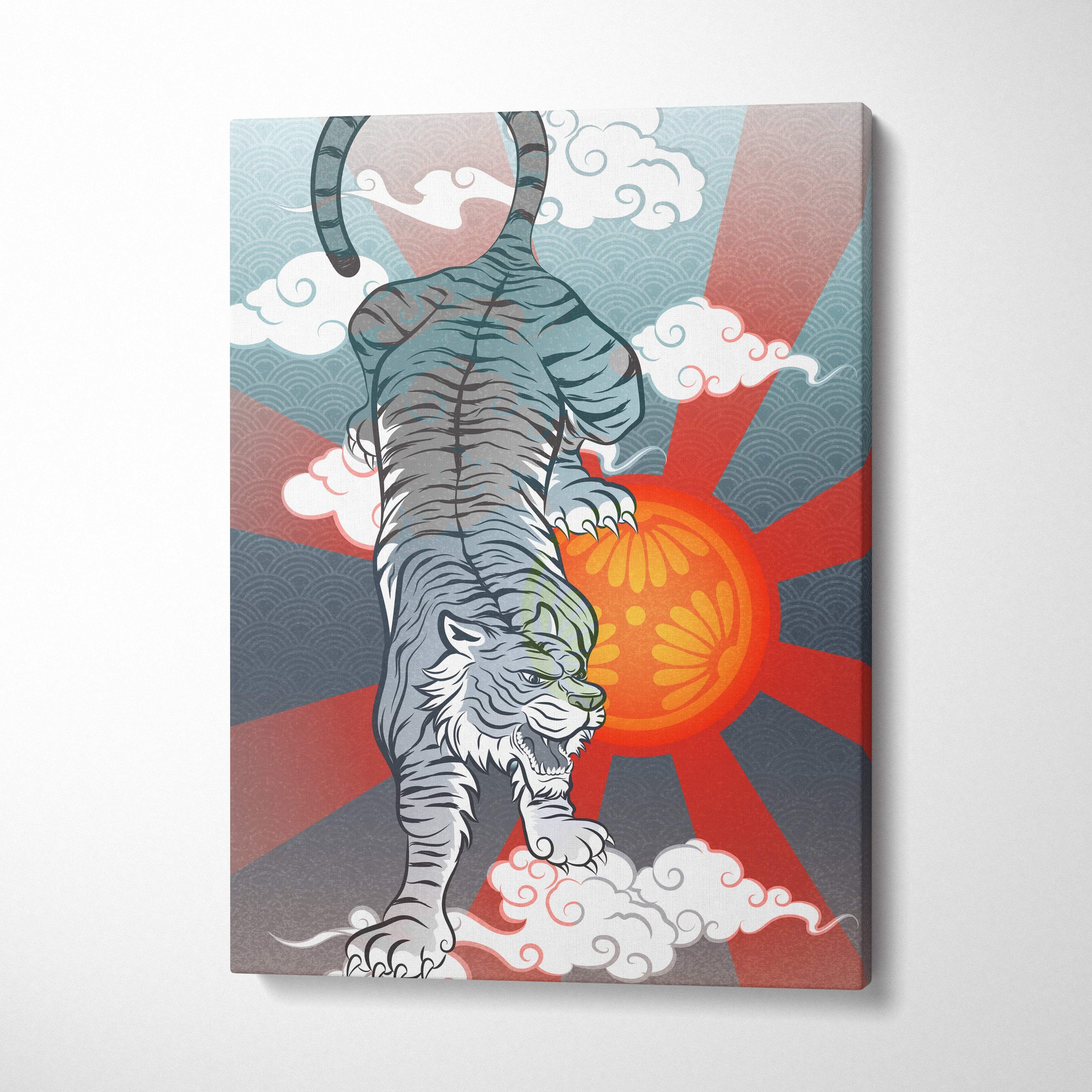 Stylized gray tiger with black stripes on canvas print with red sunburst and clouds in Japanese tattoo style wall art
