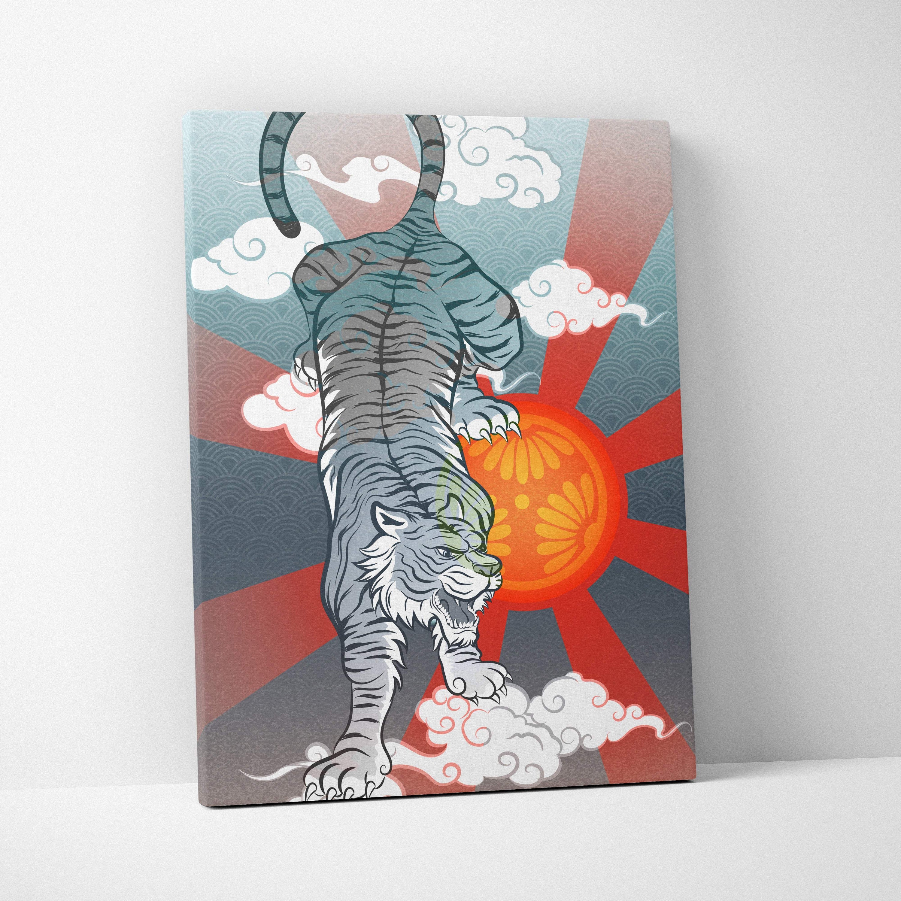 Gray Japanese tiger canvas wall art with black stripes on clouds and red sunburst background in Asian tattoo style