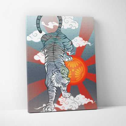 Gray Japanese tiger canvas wall art with black stripes on clouds and red sunburst background in Asian tattoo style