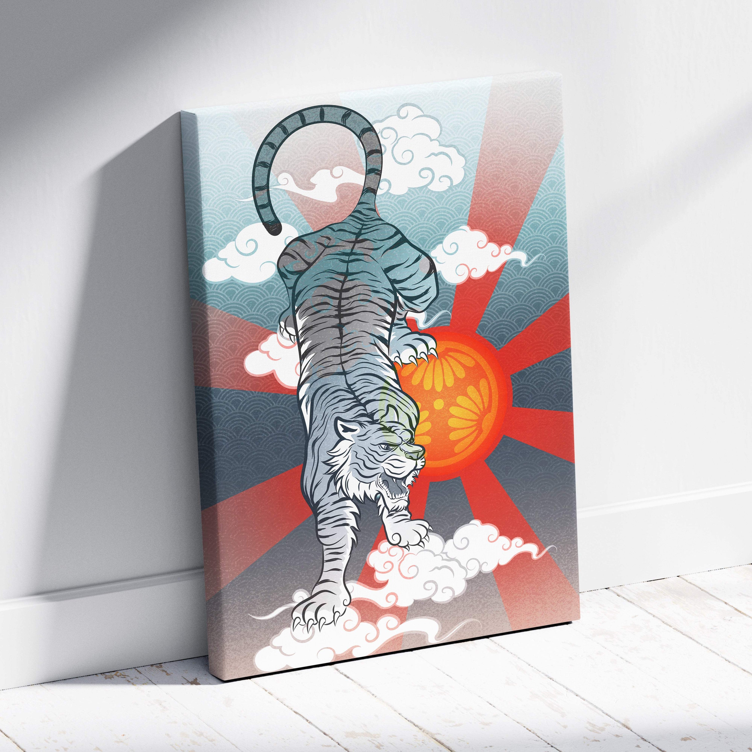 Gray japanese tiger canvas wall art with white tiger on clouds and red sun in bold zen japanese tattoo style