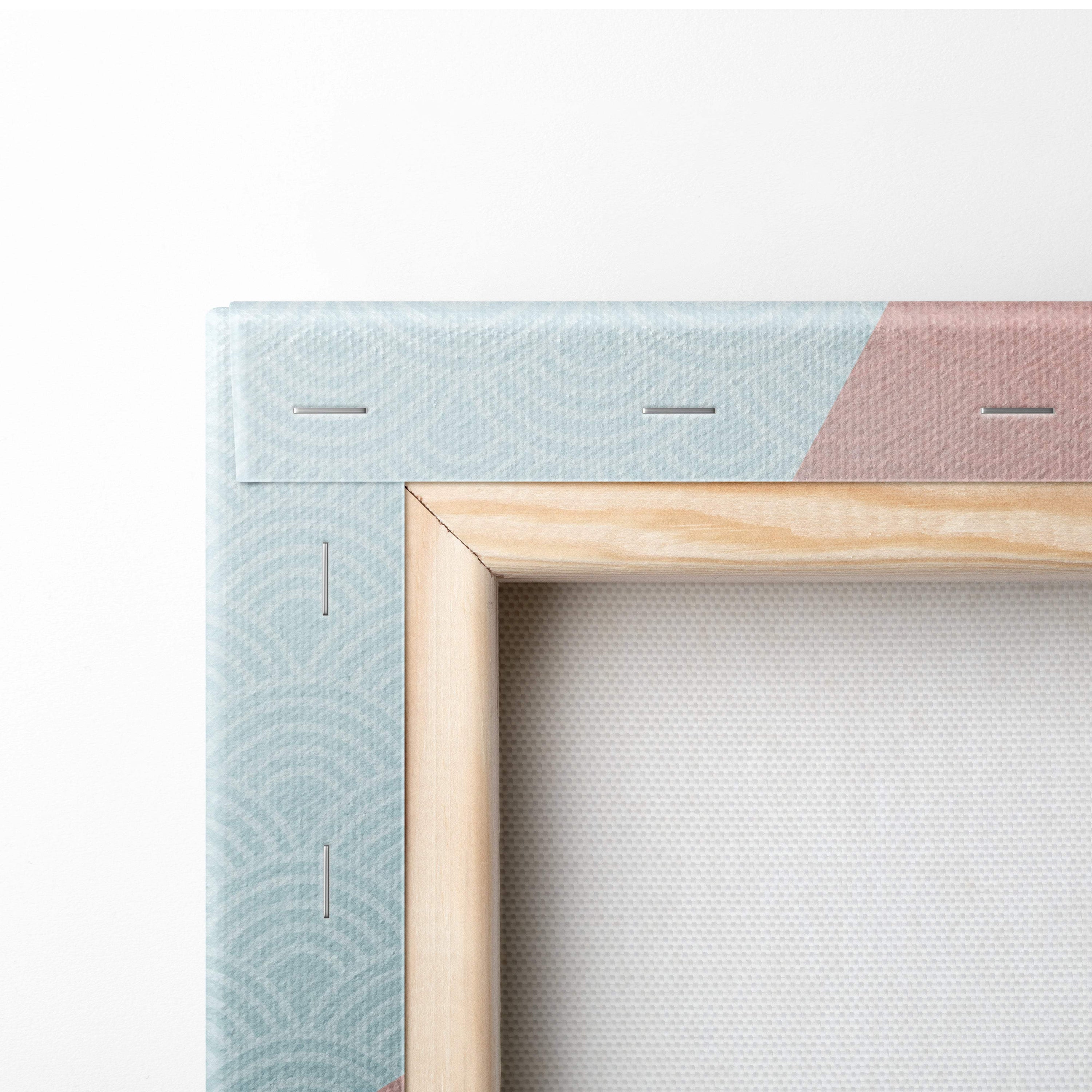 Gray Japanese dragon canvas wall art with light blue and soft pink geometric design in natural wood frame for living room