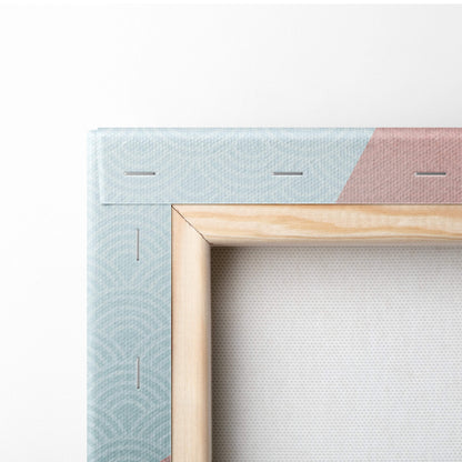 Gray Japanese dragon canvas wall art with light blue and soft pink geometric design in natural wood frame for living room