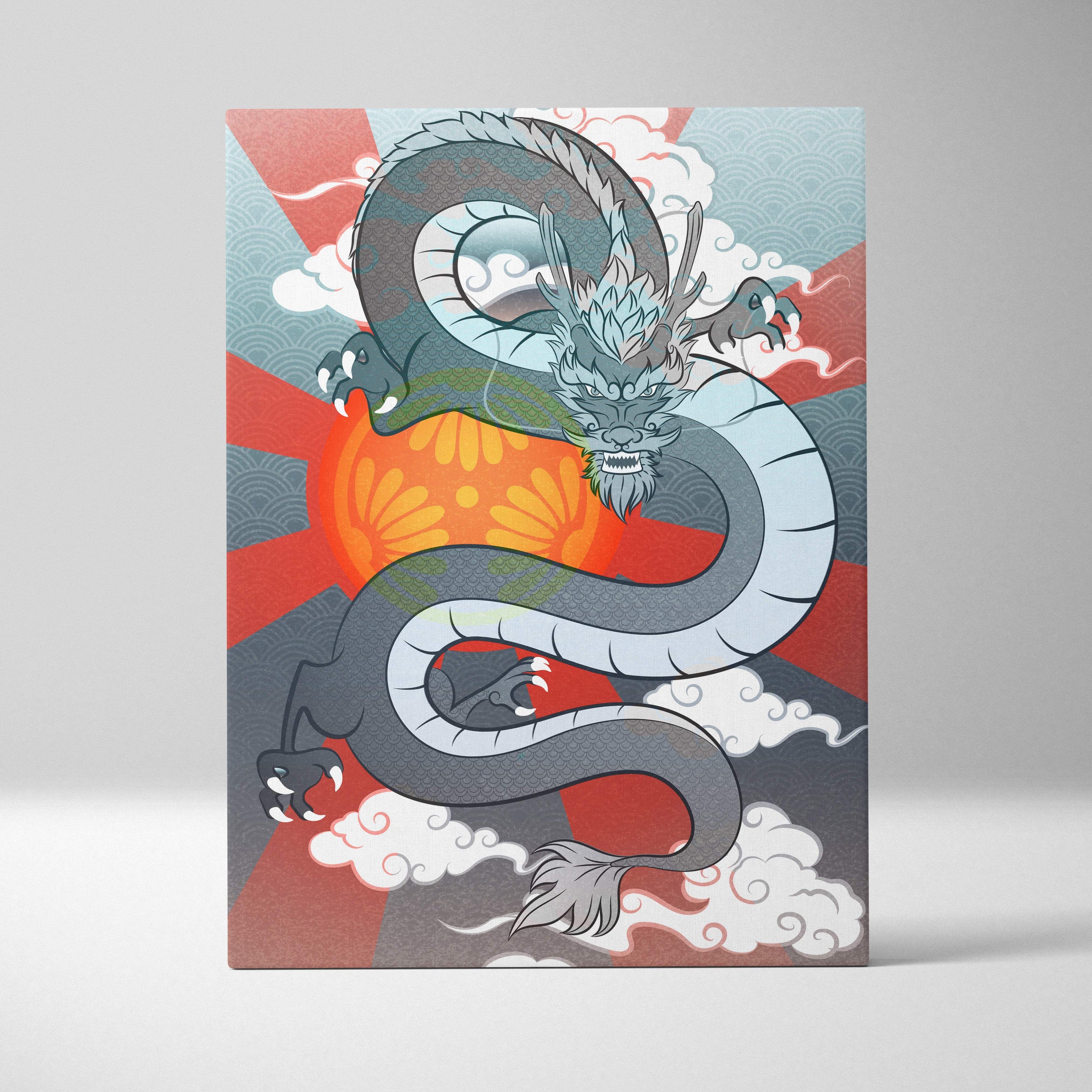Gray japanese dragon canvas wall art with teal detailing coils around an orange sun and red blue-gray waves background