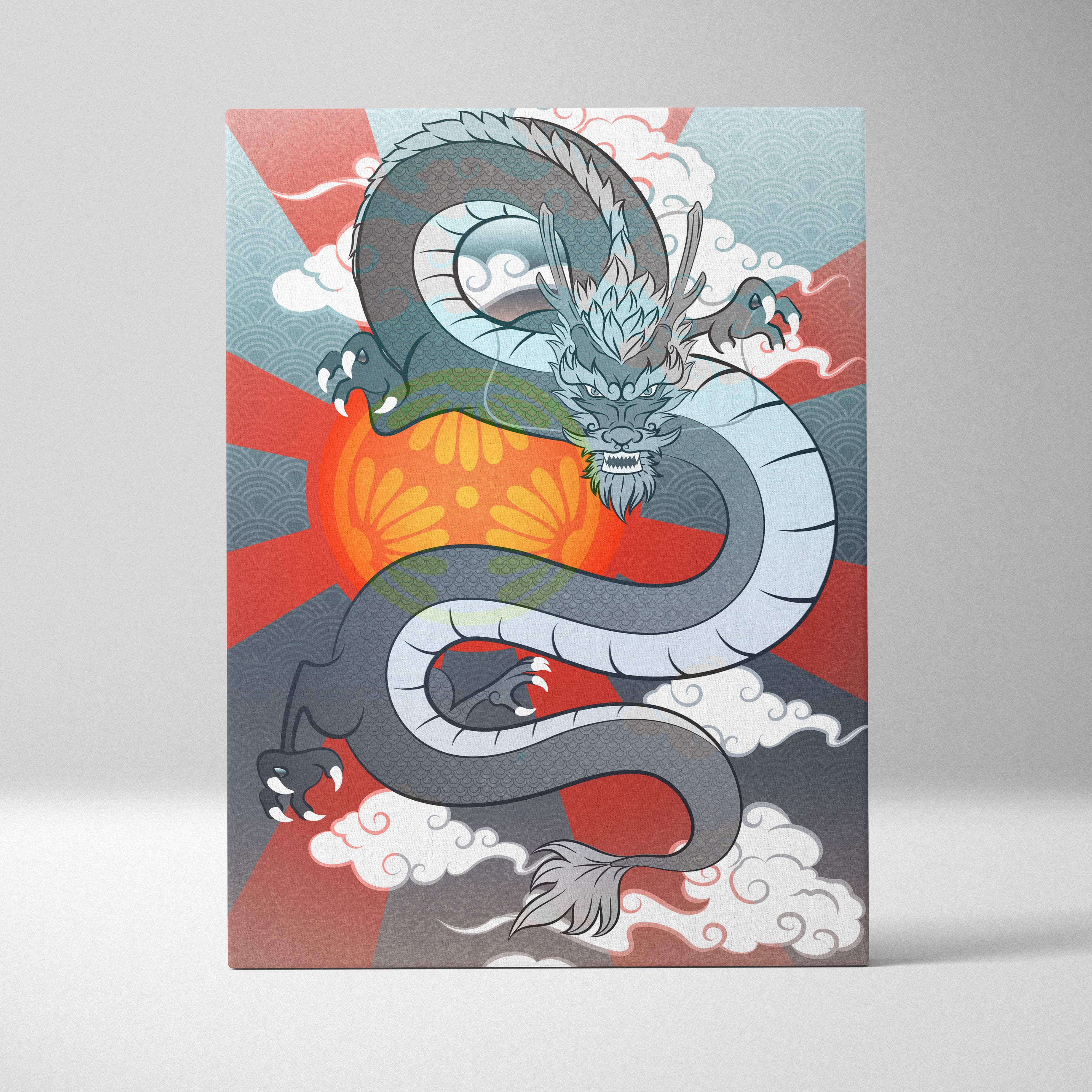 Gray japanese dragon canvas wall art with teal detailing coils around an orange sun and red blue-gray waves background