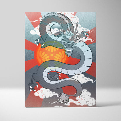 Gray japanese dragon canvas wall art with teal detailing coils around an orange sun and red blue-gray waves background