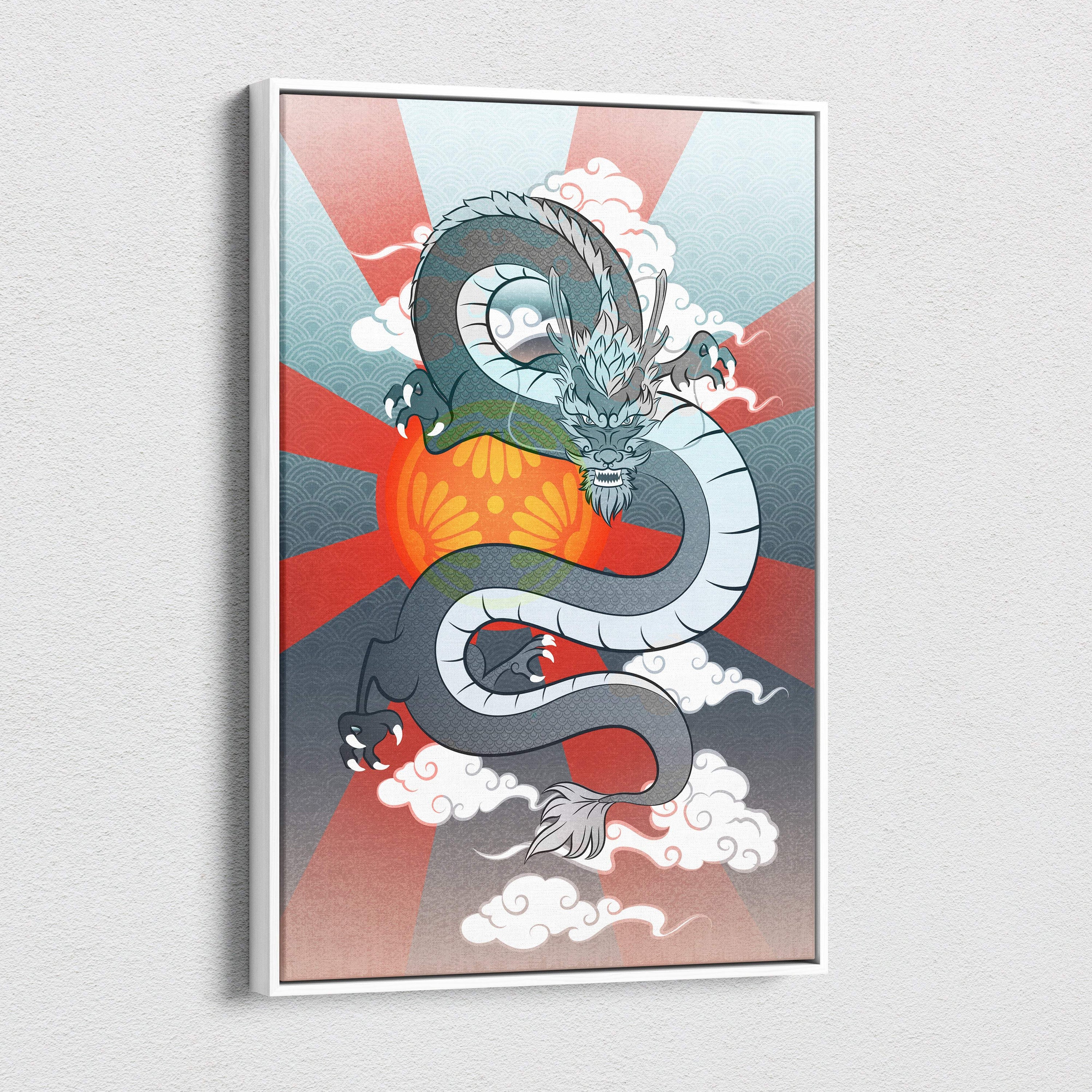 A framed gray and black japanese dragon canvas wall art coiled around an orange sun with red rays and cloud patterns