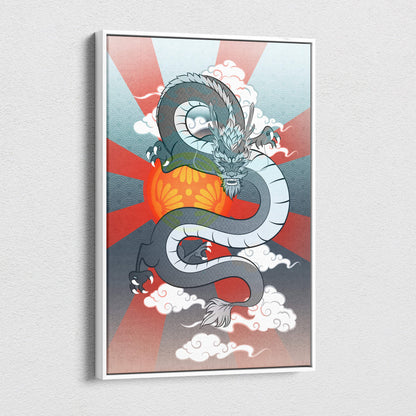 A framed gray and black japanese dragon canvas wall art coiled around an orange sun with red rays and cloud patterns