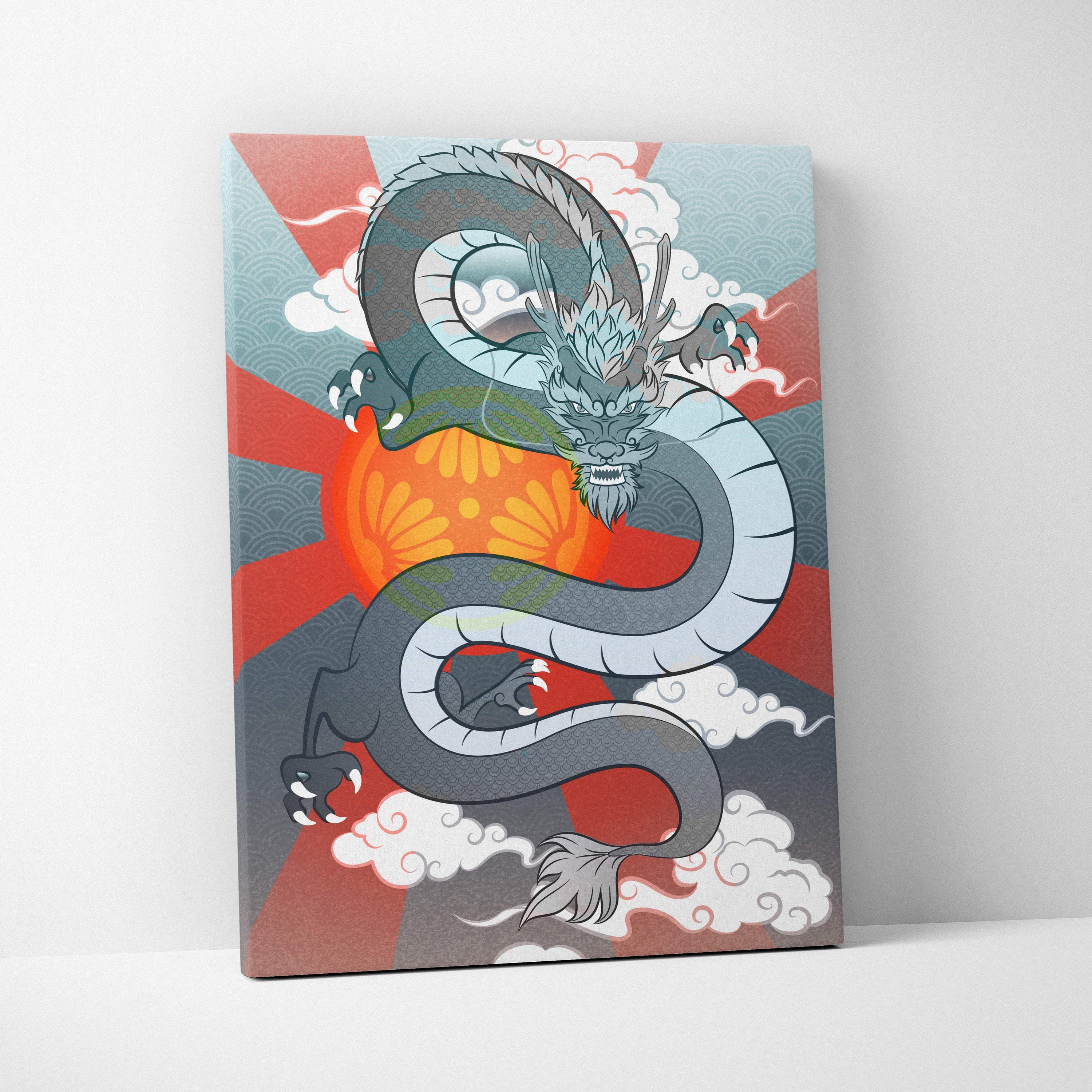 Vibrant gray japanese dragon canvas wall art with intricate scales coiled around orange sun and red rays background
