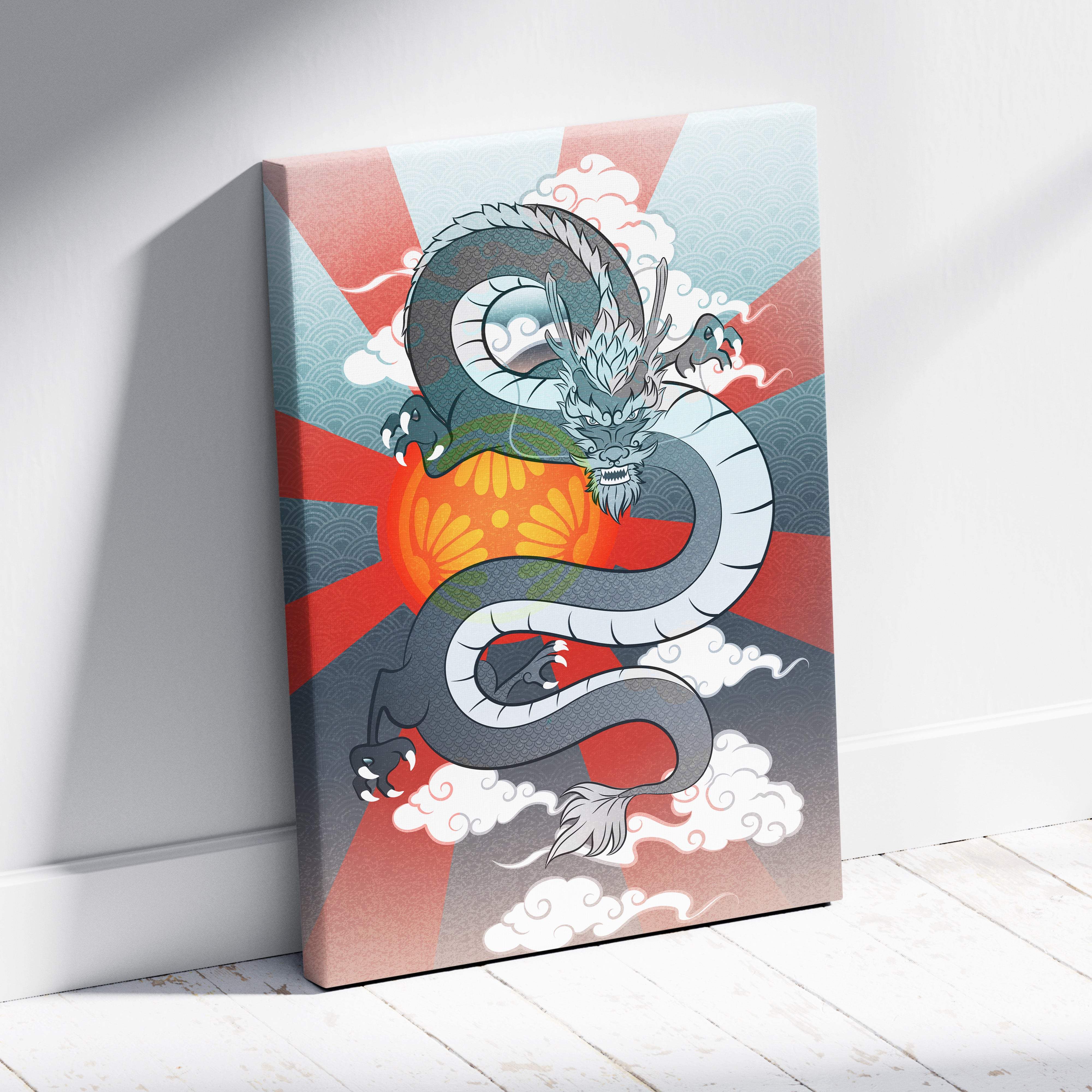 Gray Japanese dragon canvas wall art with green scales coiled around orange sun on textured fabric for bold decor