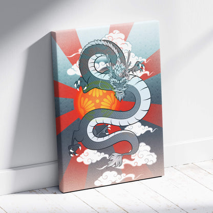 Gray Japanese dragon canvas wall art with green scales coiled around orange sun on textured fabric for bold decor