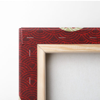 Red patterned canvas frame with light wood border for elegant zen botanical butterfly floral wall art decor