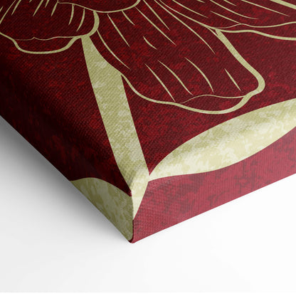 Deep red canvas print with cream floral outlines in japanese line art style elegant zen botanical wall decor