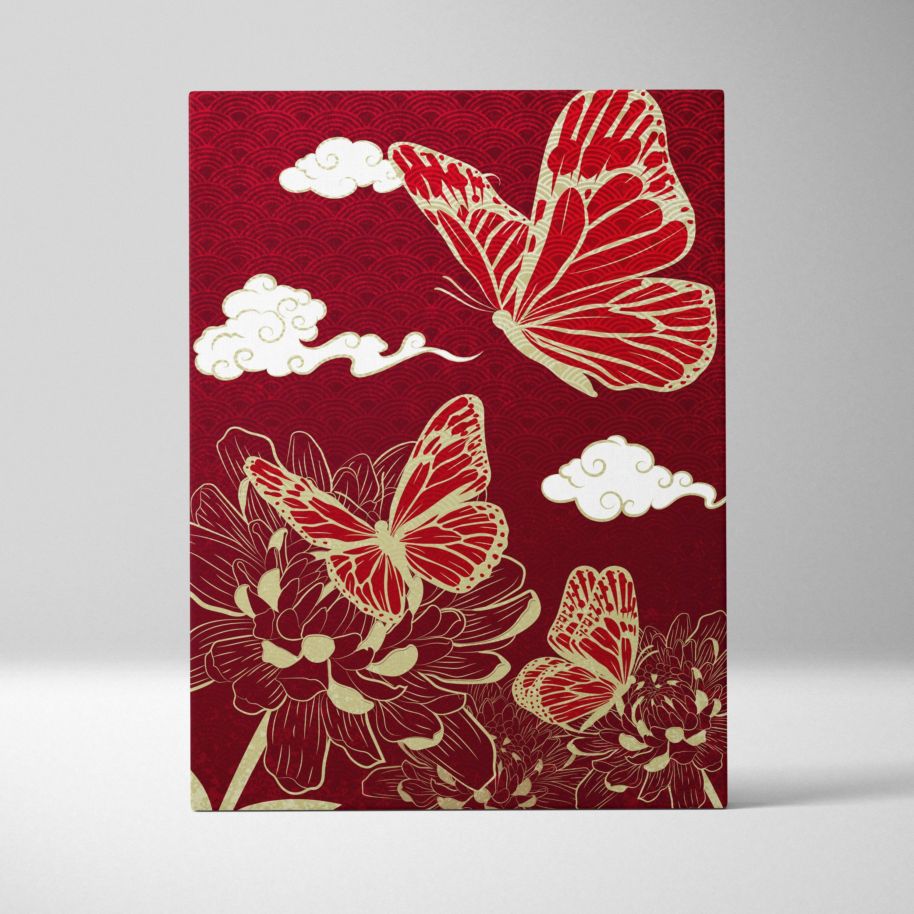 Red gold butterfly floral canvas wall art with intricate japanese line art and elegant zen botanical decor