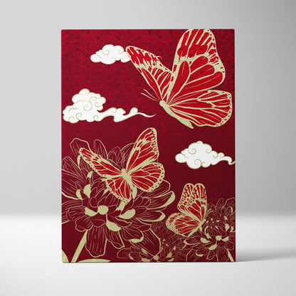 Red gold butterfly floral canvas wall art with intricate japanese line art and elegant zen botanical decor