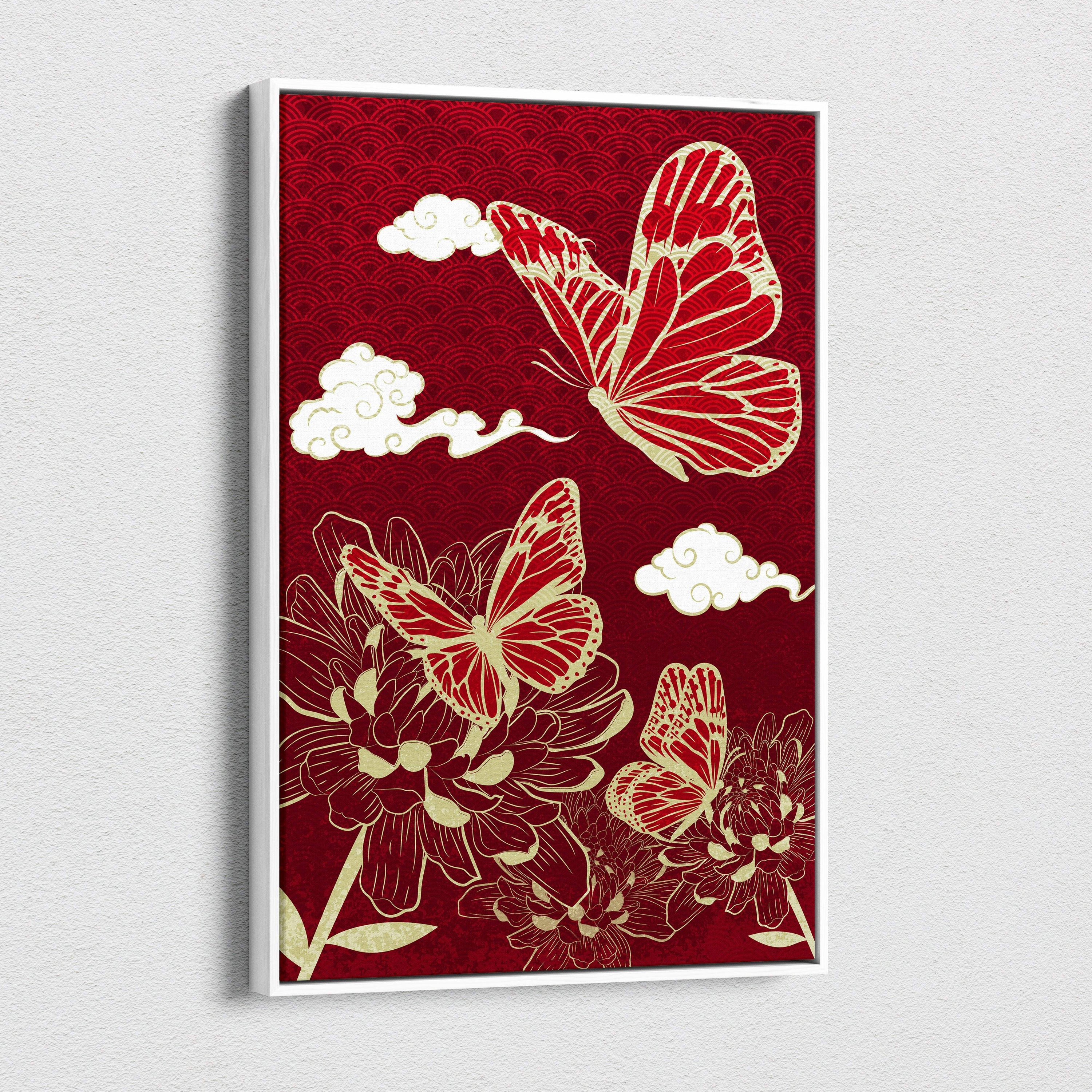 Red and gold butterfly floral canvas wall art with intricate japanese line art patterns for elegant zen decor