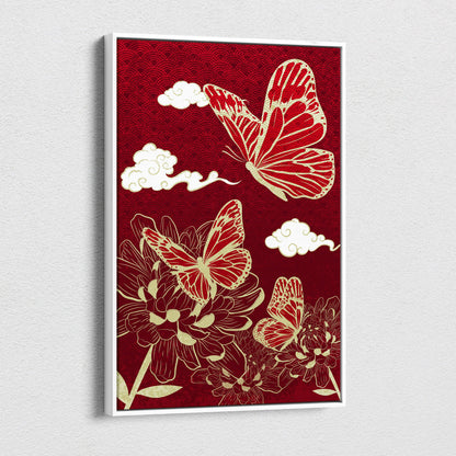 Red and gold butterfly floral canvas wall art with intricate japanese line art patterns for elegant zen decor