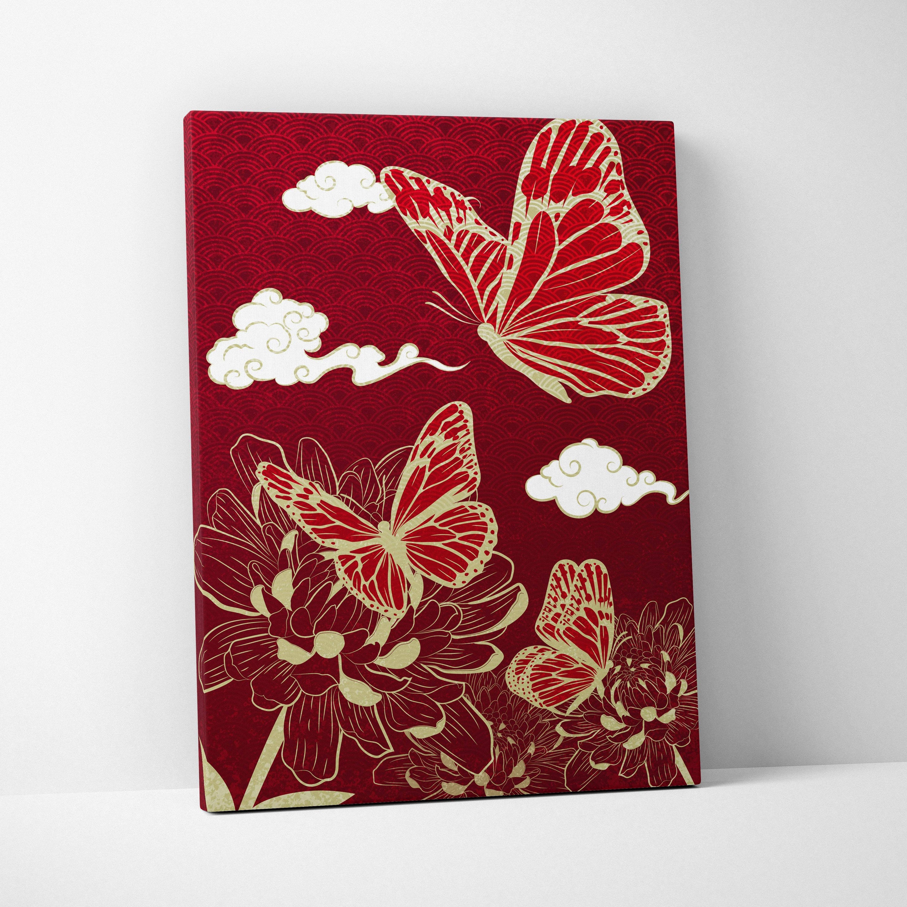 Red gold butterfly floral canvas wall art with gold-leaf butterflies and clouds on deep maroon japanese line art background