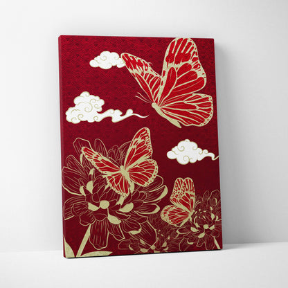 Red gold butterfly floral canvas wall art with gold-leaf butterflies and clouds on deep maroon japanese line art background