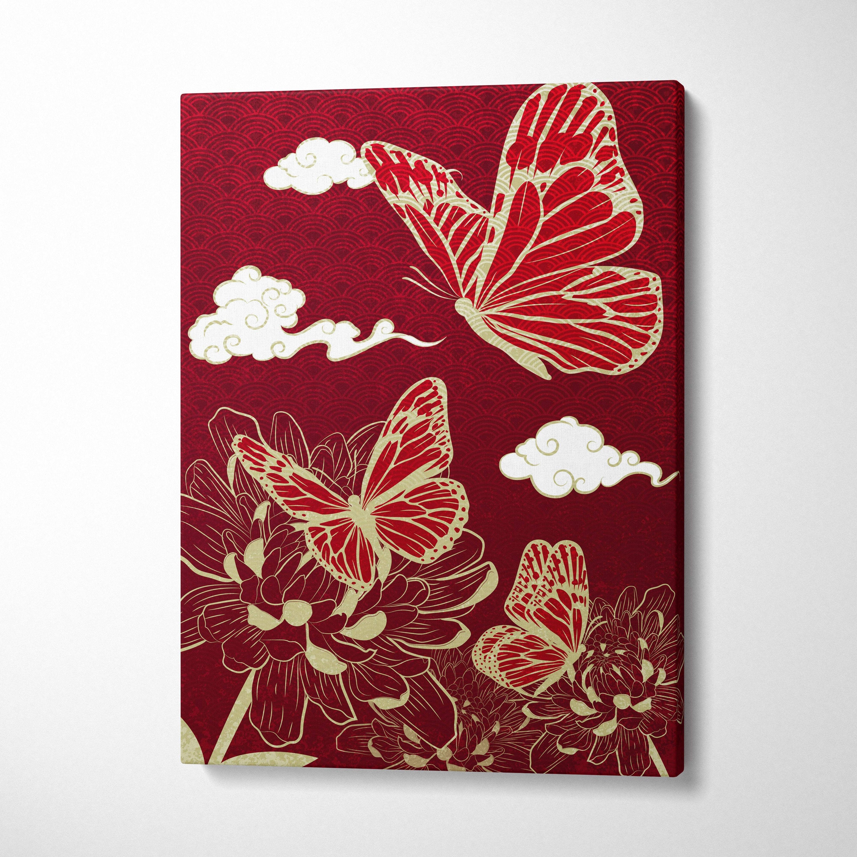 Red gold butterfly floral canvas wall art with intricate gold outlines and white cloud motifs on deep maroon background