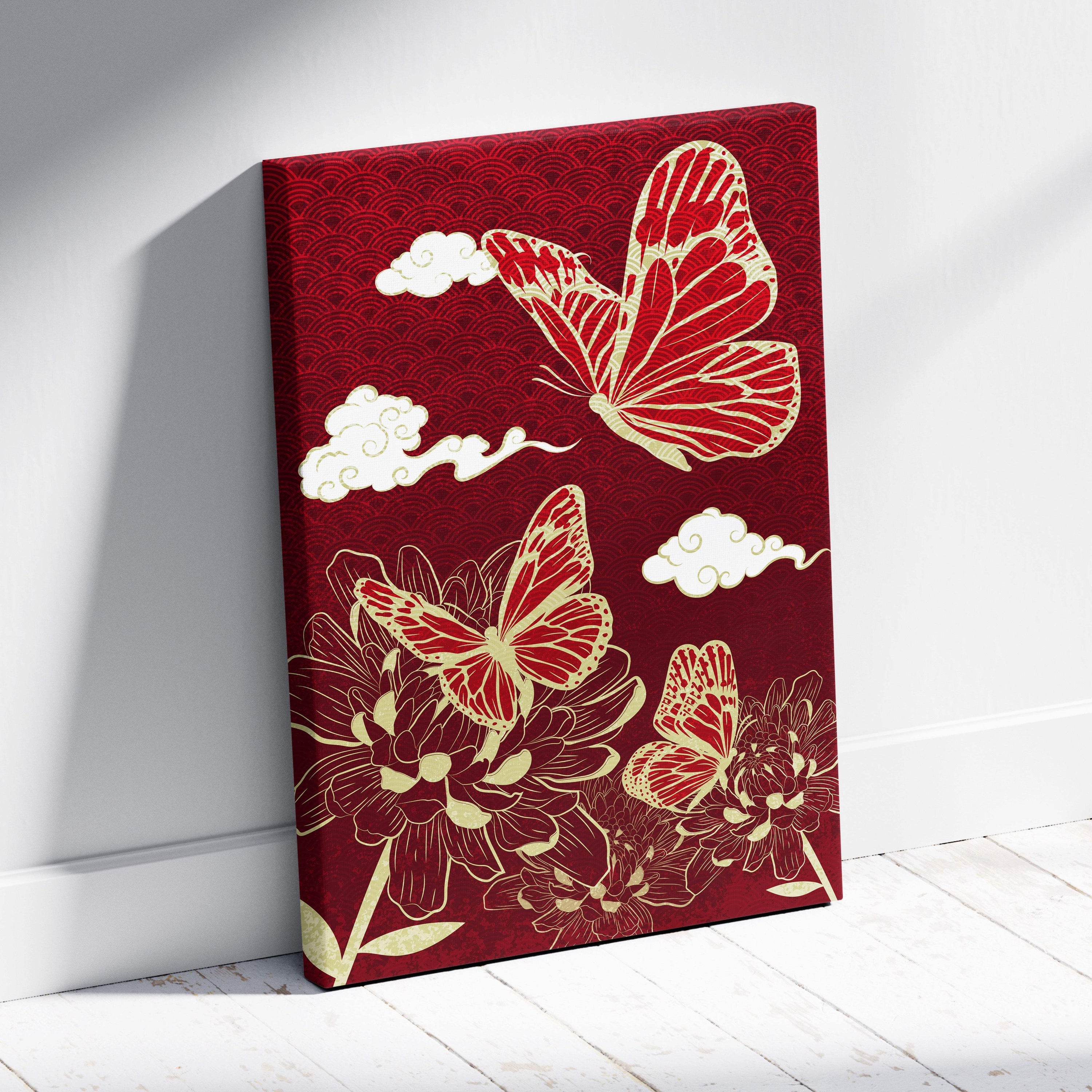 Red gold butterfly floral canvas wall art with intricate gold-leaf butterflies and floral motifs on deep maroon background