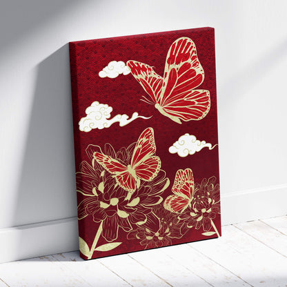 Red gold butterfly floral canvas wall art with intricate gold-leaf butterflies and floral motifs on deep maroon background