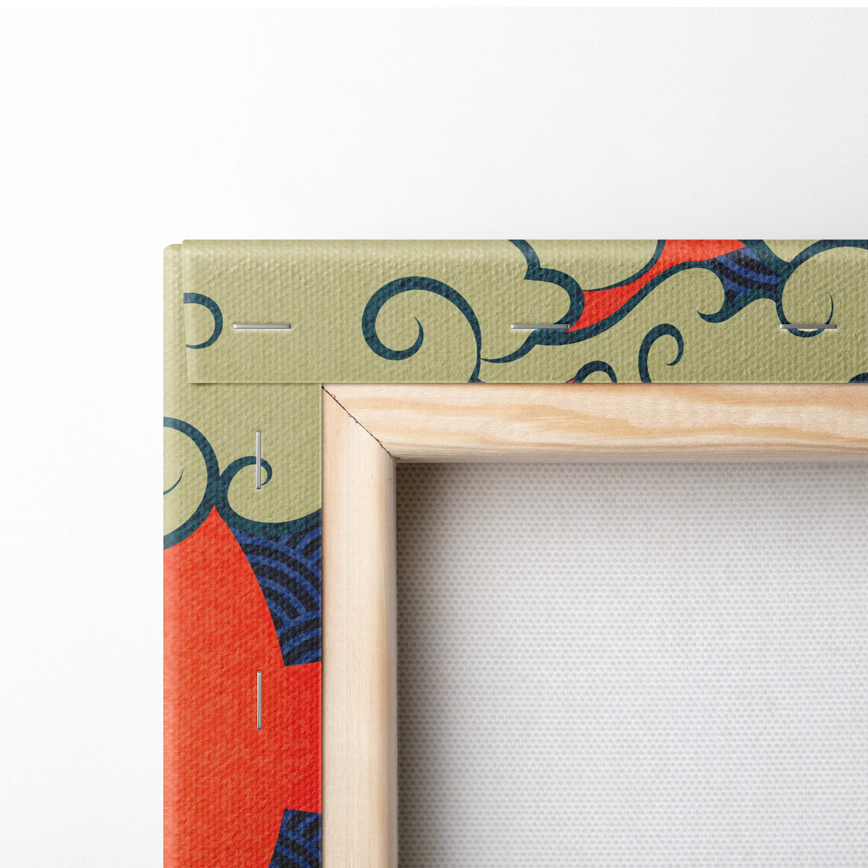 A wooden-framed green japanese dragon canvas wall art with a vibrant red sun and navy blue swirling pattern on olive background
