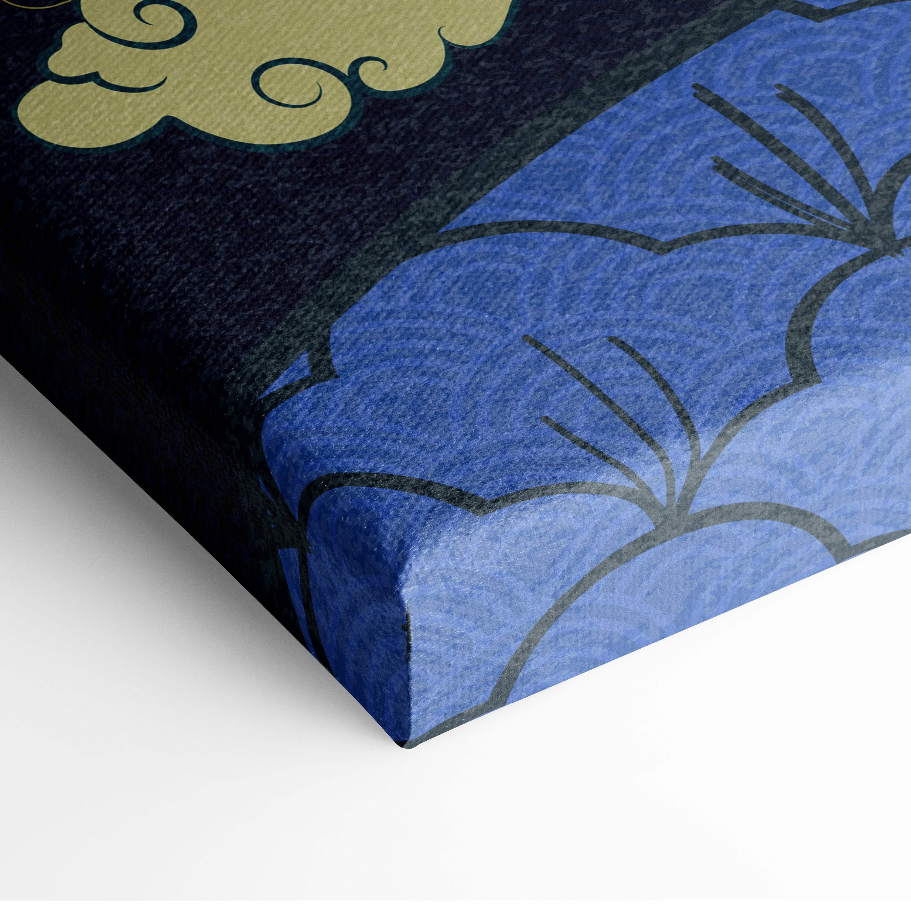 Blue and black canvas print with stylized floral patterns and gold accents for green japanese dragon wall art decor