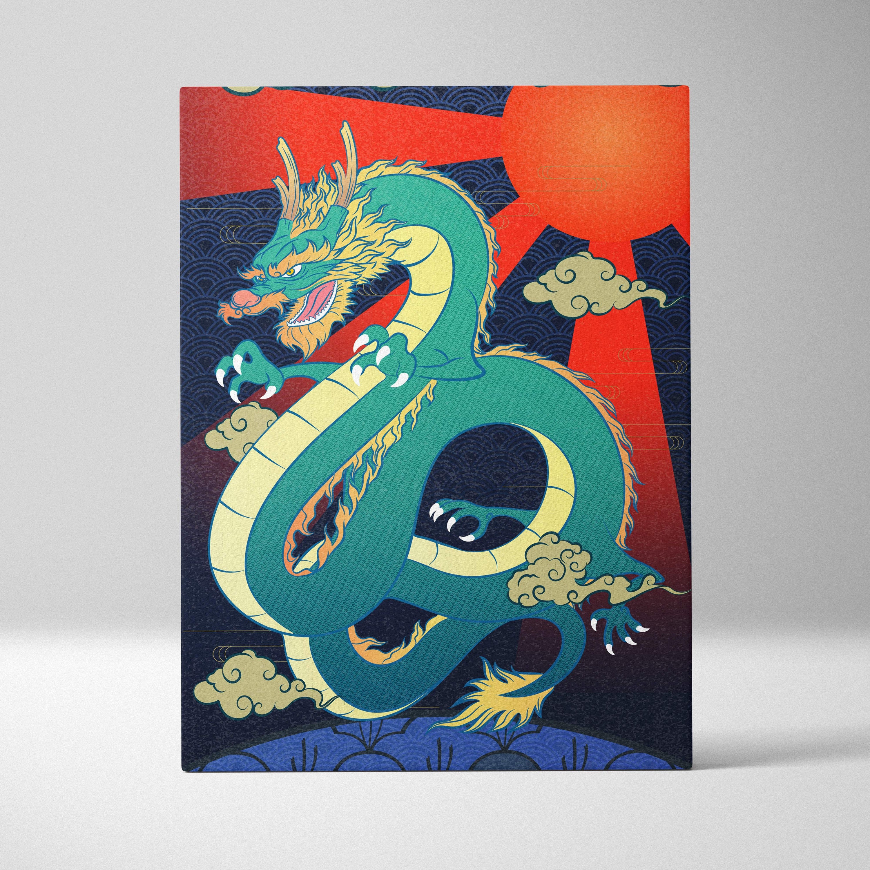 Green Japanese dragon canvas wall art with vibrant teal and gold dragon against red sun blue wave background for game room decor