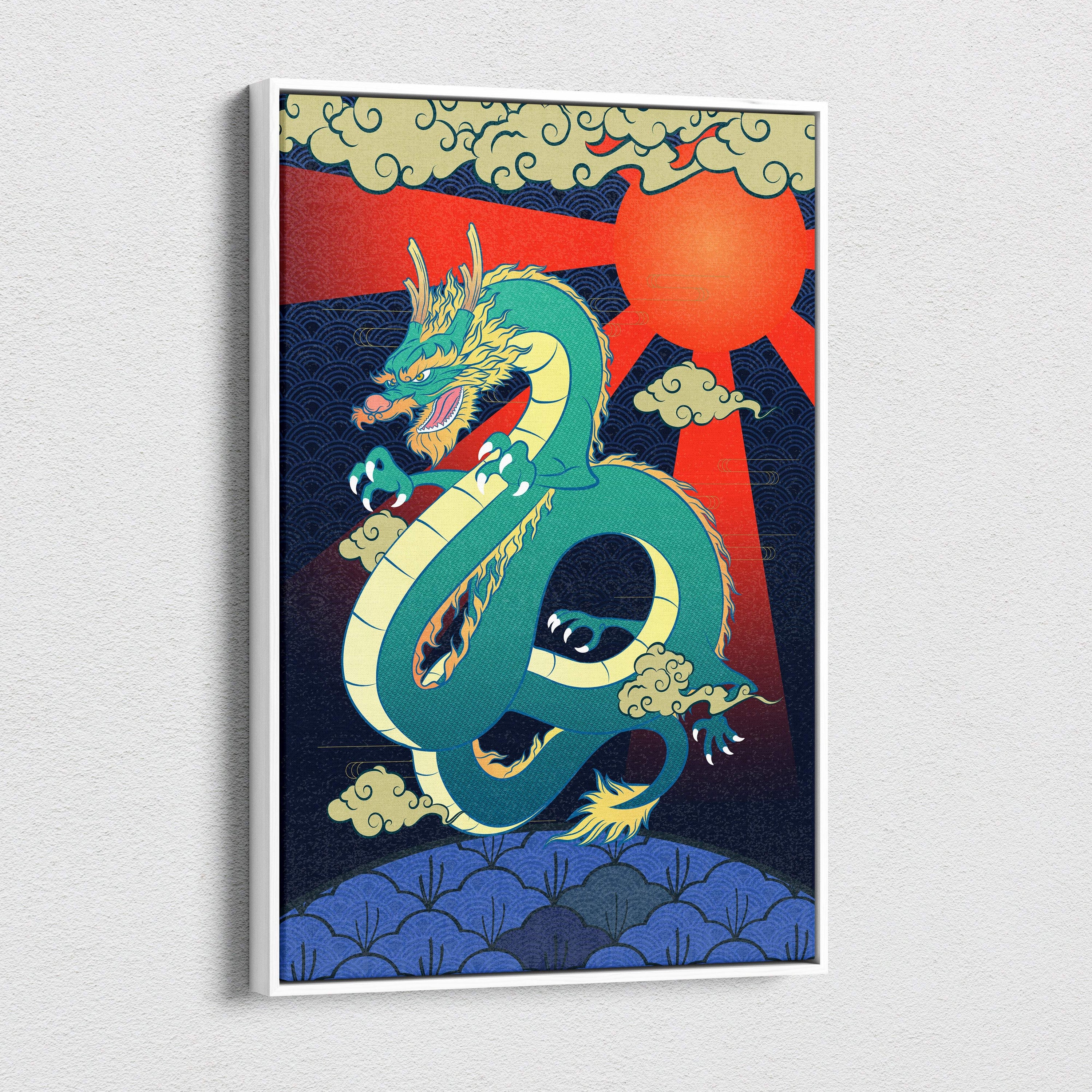 Green japanese dragon canvas wall art with vibrant teal and gold dragon and red sun blue wave background in tattoo style