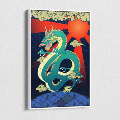Green japanese dragon canvas wall art with vibrant teal and gold dragon and red sun blue wave background in tattoo style