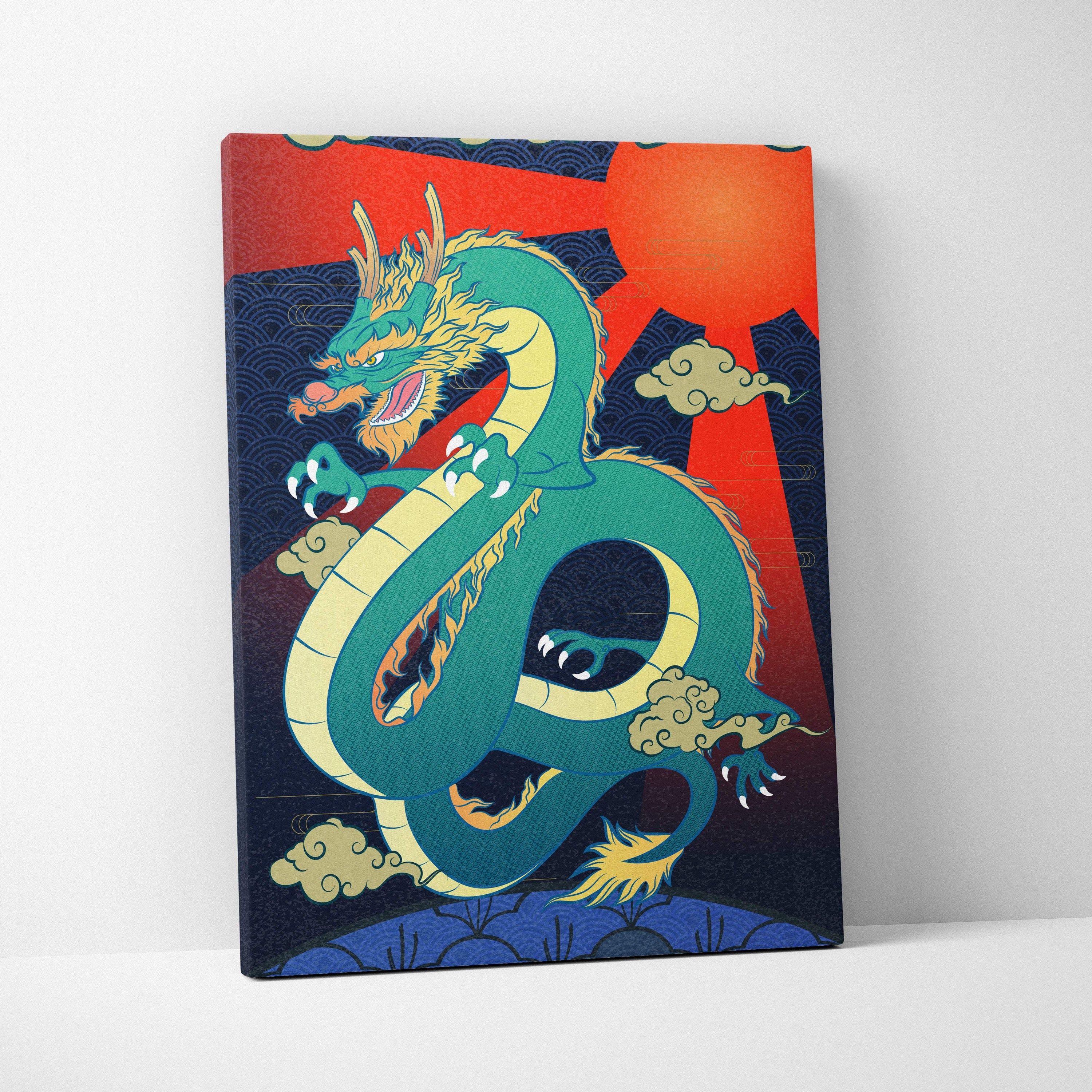 Vibrant teal and gold Japanese dragon canvas wall art with traditional wave patterns on red and navy background