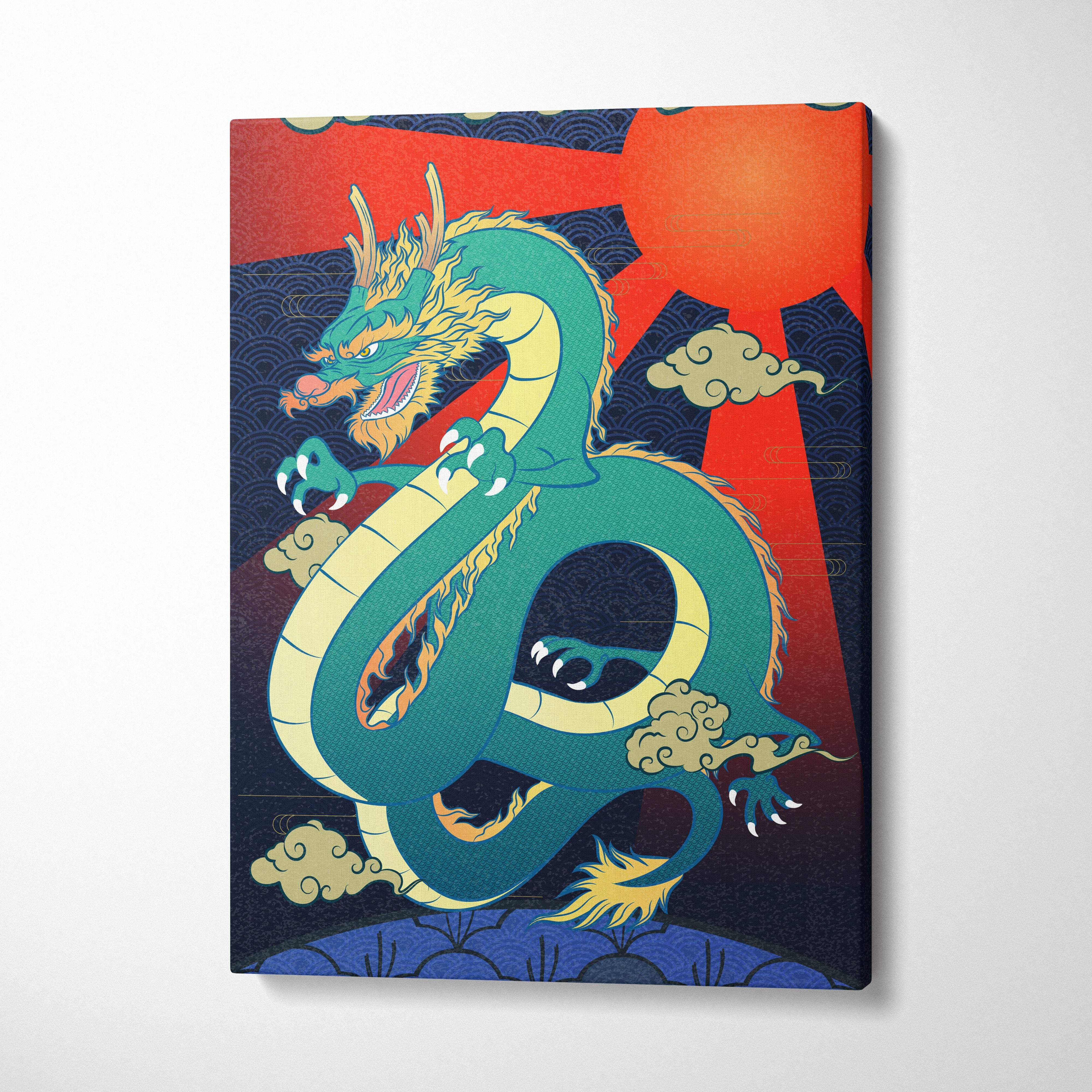 Green Japanese dragon canvas wall art with teal and gold illustration on red and navy wave background for bold decor