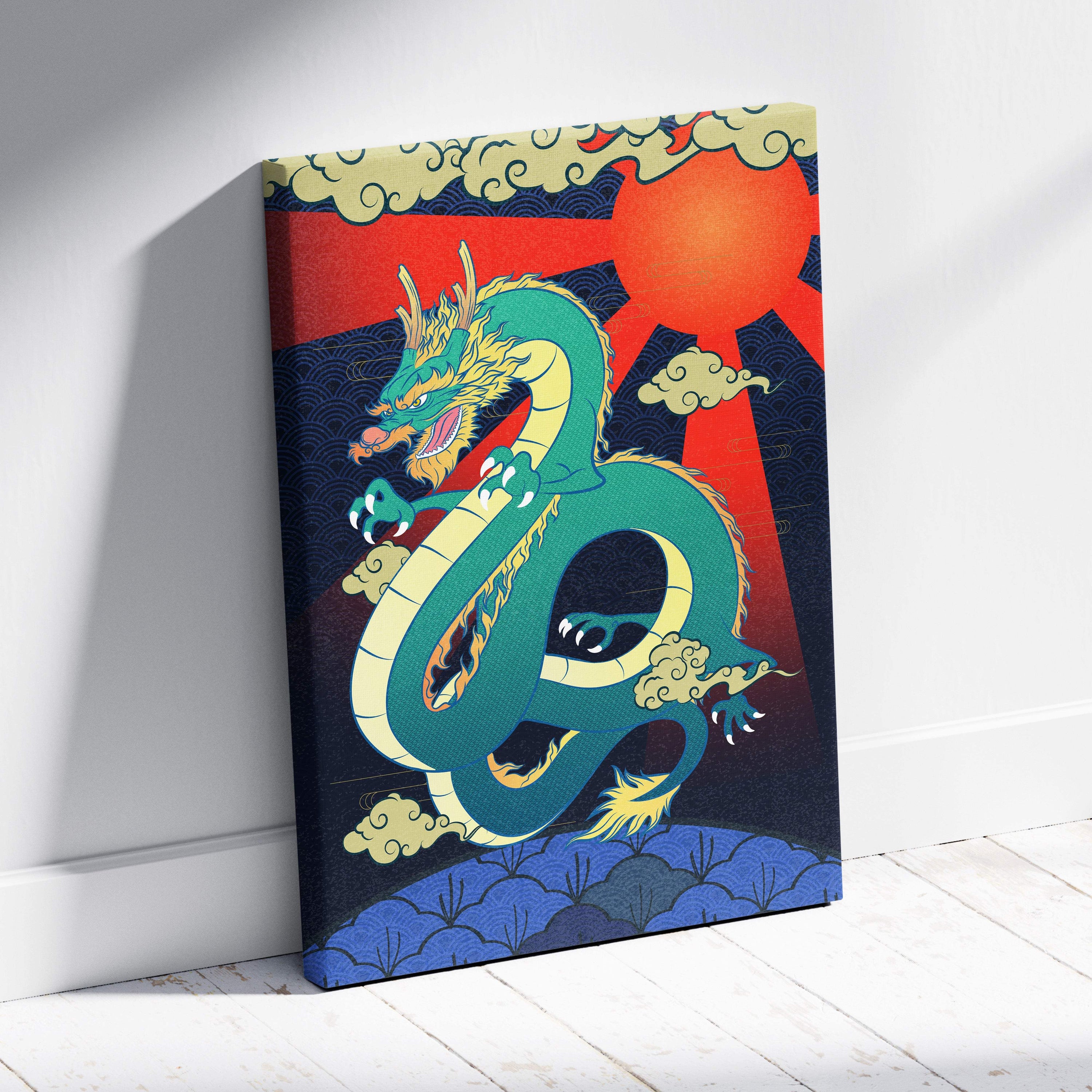 Green japanese dragon canvas wall art features a teal dragon with gold accents against red sun and blue waves in ukiyo-e style