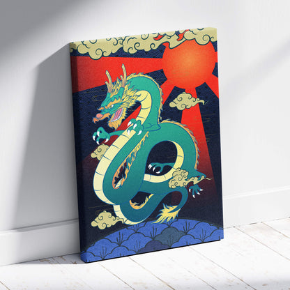 Green japanese dragon canvas wall art features a teal dragon with gold accents against red sun and blue waves in ukiyo-e style