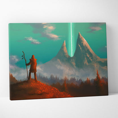 Rectangular canvas print featuring a surreal fantasy landscape with two snow-capped mountains under a teal sky and a lone wanderer on reddish terrain