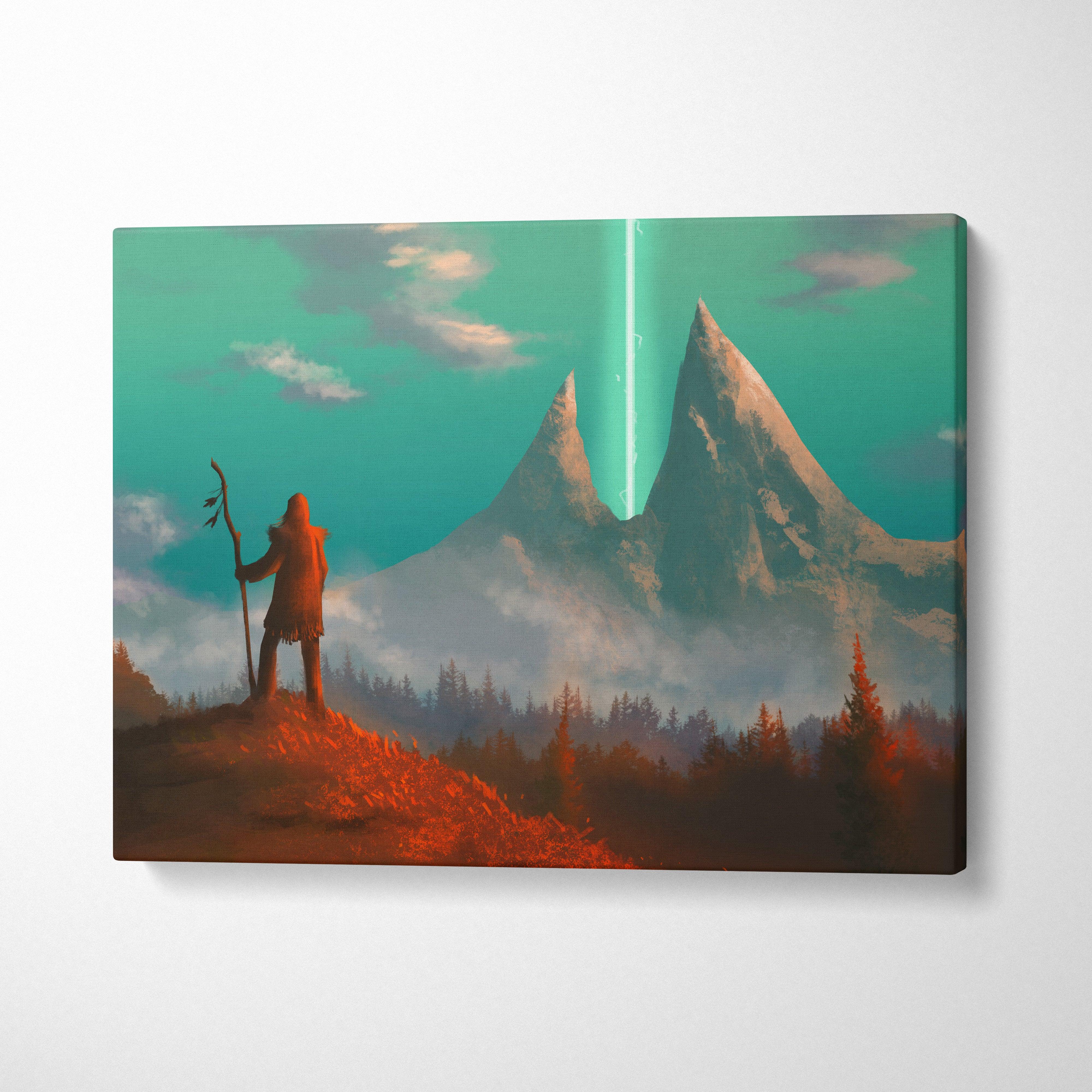 Mystic mountain portal canvas art showing a lone figure on a hillside under a teal sky with a glowing light beam