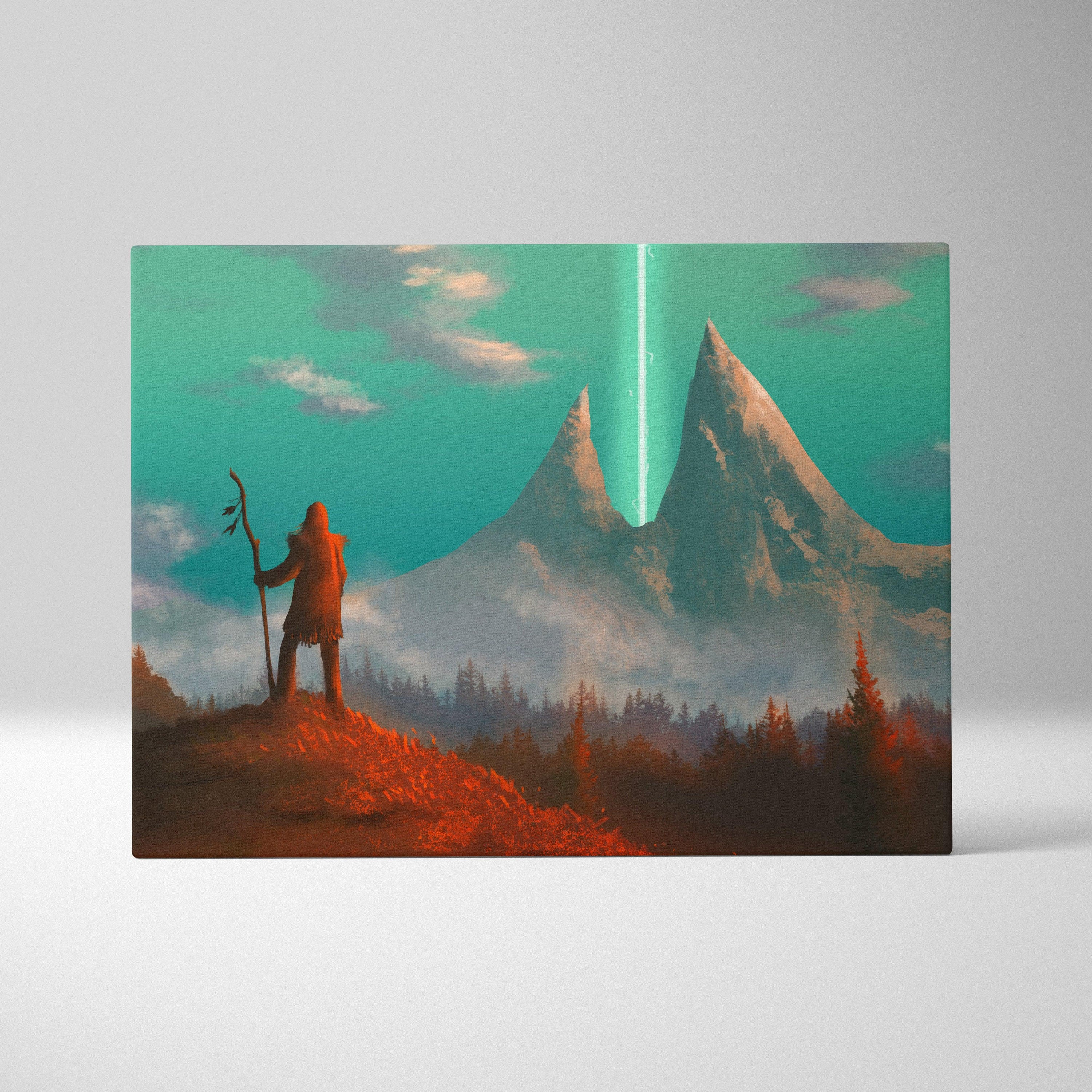 Rectangular canvas print of mystic mountain portal with snow-capped peaks under a teal sky lit by vertical beam of light