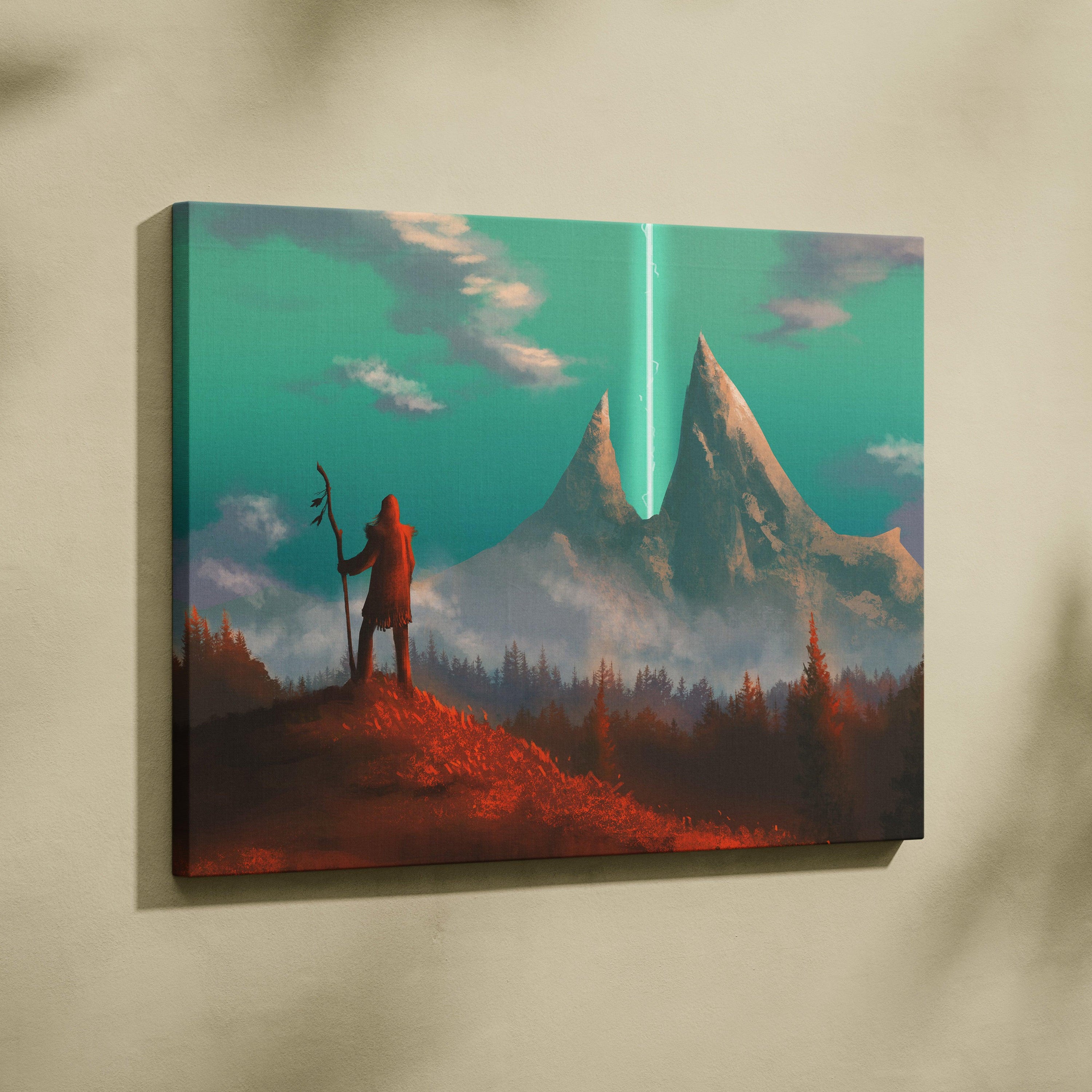 Mystic mountain portal canvas art showing a lone figure on a red hill with snow-capped mountains under a teal sky